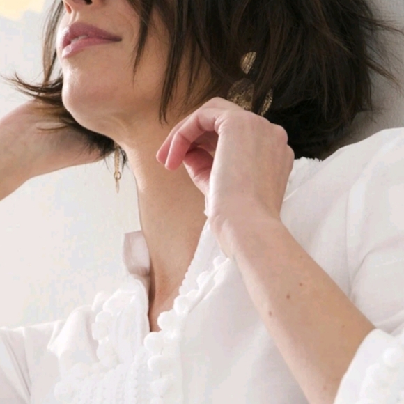 Chico’s Linen Prince Embellished Kurta Tunic Top White Pom Pom Trim Size 2 US 12 - Picture 9 of 9